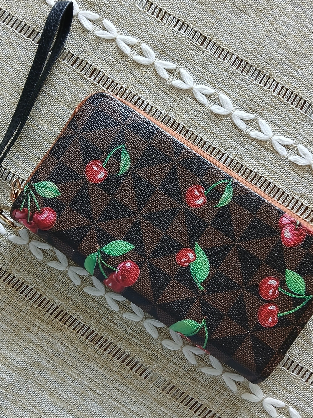 Designer Inspired Cherry Print Brown/Black Zip Wallet Wristlet [ACCORDIAN] EUC